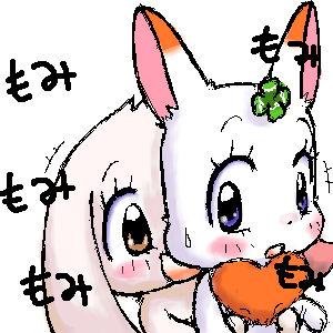 &lt;3 anthro blush brown_eyes chest_tuft chima clover cute duo eyelashes female fondling fur happy_happy_clover japanese lagomorph lesbian long_ears mallow mammal meru oddly_sexy oekaki orange_fur pink_fur purple_eyes rabbit sayuri_tatsuyama shamrock short_fur sweat text translated tuft white_fur 紅兎