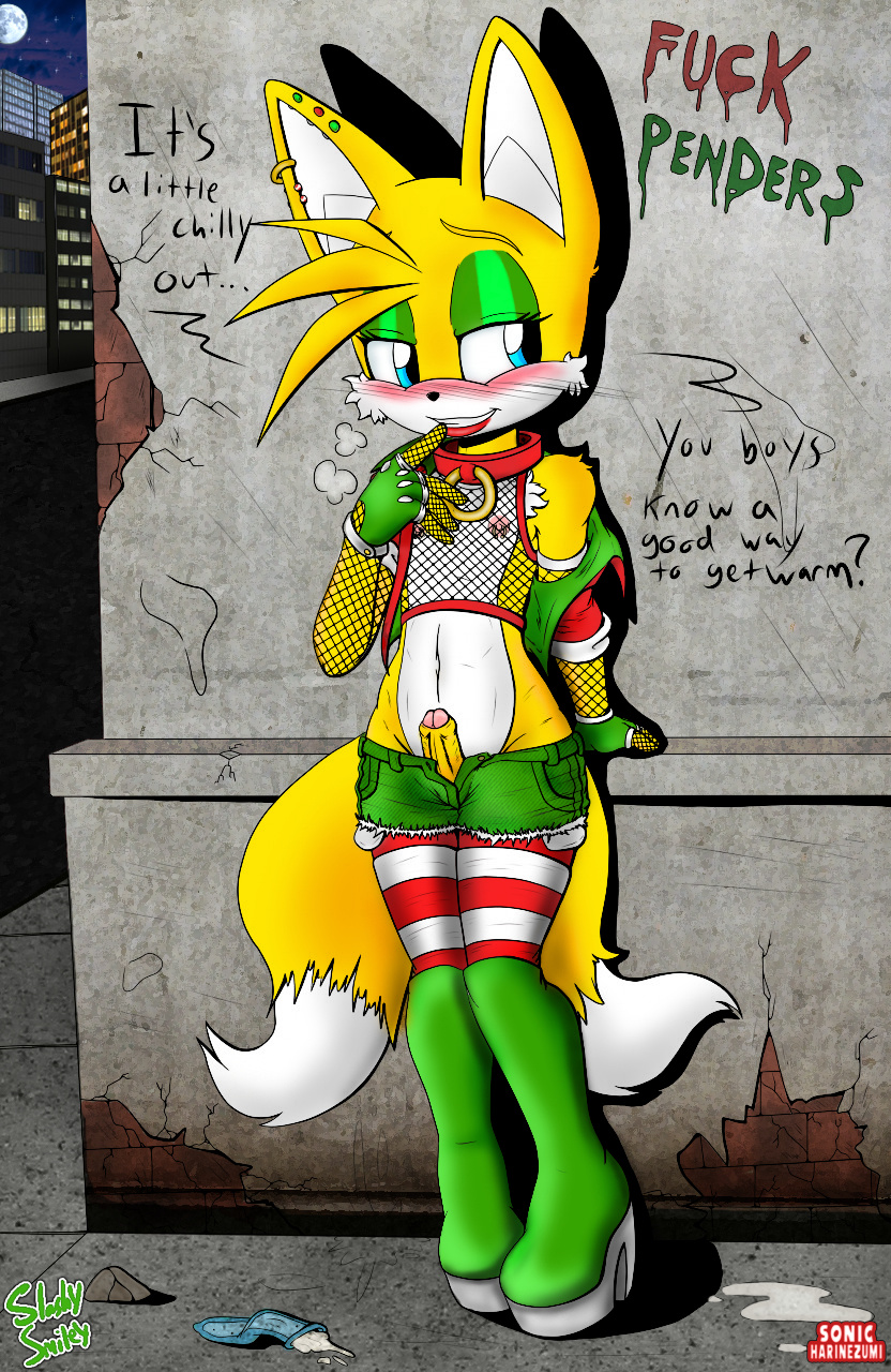 anthro blush boots city clothed clothing collar condom cut-off_shorts dialogue english_text eyeshadow filled_condom fingerless_gloves fishnet fuck_penders full_color girly gloves graffiti legwear lipstick makeup male mesh_shirt miles_prower nipple_piercing nipples penis piercing poking_out sega skimpy slashysmiley solo sonic_(series) sonicharinezumi stockings text thigh_high_boots uncut