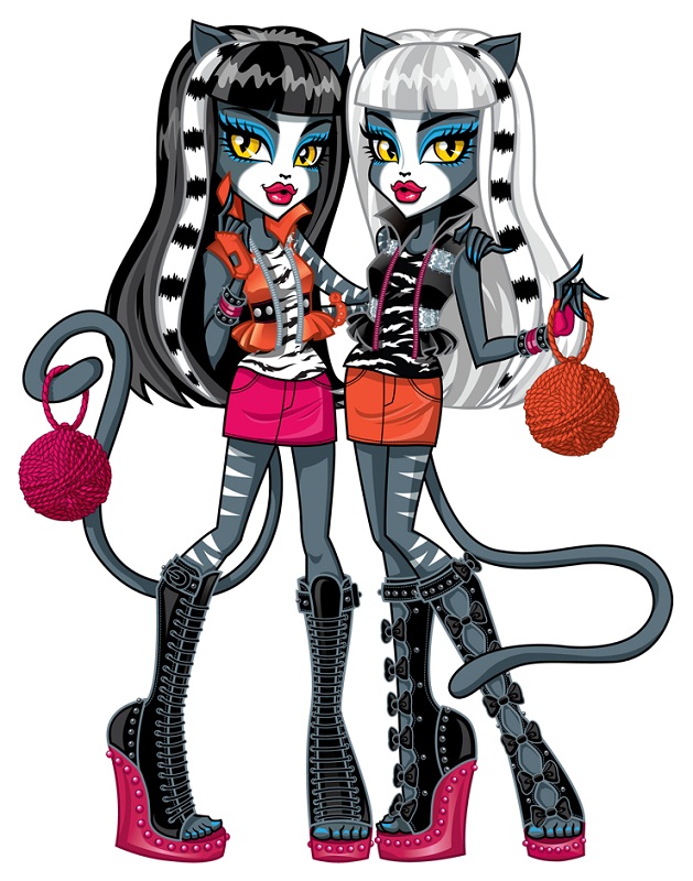 ball_of_yarn big_lips black_hair duo eyeshadow female fingerless_gloves gloves hair lips lipstick looking_at_viewer makeup meowlody monster_high official_art purrsephone sibling sister twins vest werecat what white_hair yarn yellow_eyes