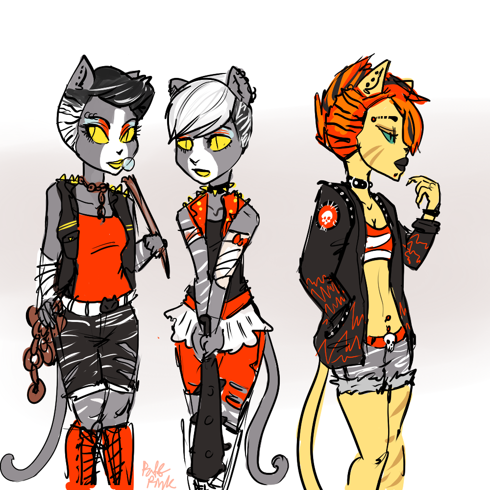 anthro black_lips ear_piercing feline female group hair mammal meowlody monster_high navel piercing purrsephone short_hair sibling sisters toralei_stripe twins unknown_artist werecat yellow_lips