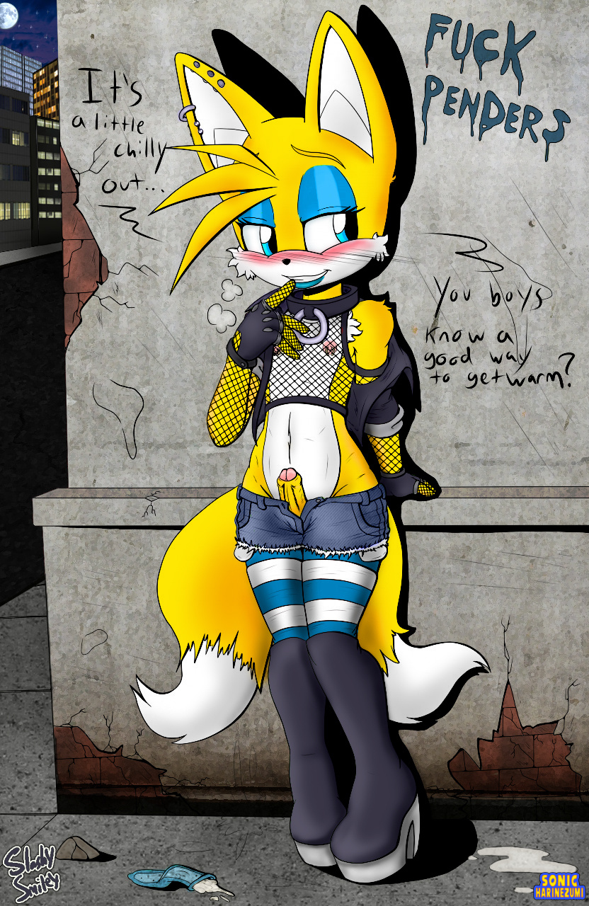 anthro blush boots city clothed clothing collar condom cut-off_shorts dialogue english_text eyeshadow filled_condom fingerless_gloves fishnet fuck_penders full_color girly gloves legwear lipstick makeup male mesh_shirt miles_prower nipple_piercing nipples penis piercing poking_out sega skimpy slashysmiley solo sonic_(series) sonicharinezumi stockings text thigh_high_boots uncut