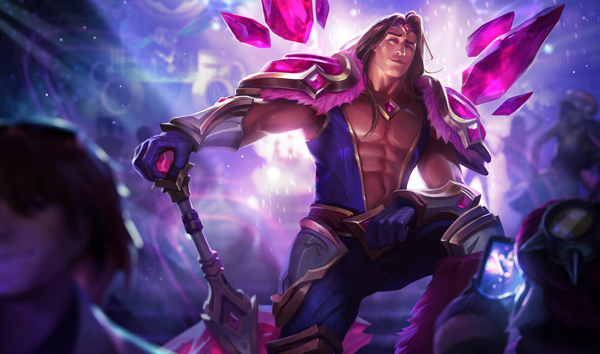 2boys abs armor brown_hair clothes crowd crystal gem gloves jewelry league_of_legends long_hair looking_at_viewer male_focus multiple_boys muscle necklace official_art pants pecs pose shoulder_pads smile taric weapon
