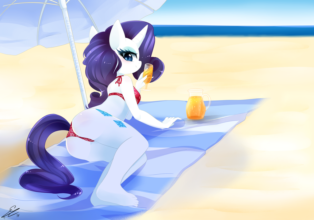 2014 anthro anthrofied beach bikini blue_eyes blush chibi-chiaki clothing cutie_mark equine female friendship_is_magic glass horn jar juice light looking_at_viewer lying mammal mane my_little_pony orange_juice outside parasol rarity_(mlp) sand sea seaside shadow solo sun swimsuit umbrella unicorn water