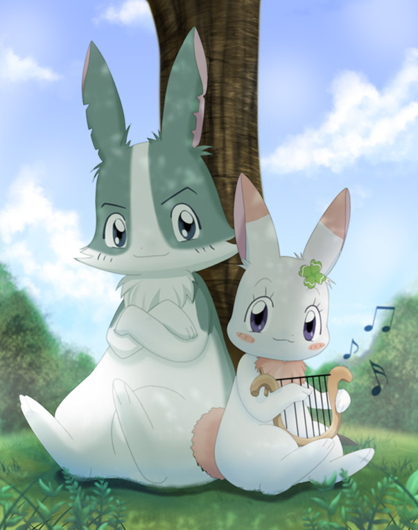 :3 age_difference anthro blue_fur blush chest_tuft chima clover duo eyelashes female feral fur grass happy_happy_clover looking_at_viewer male musical_note pemyu rambler sayuri_tatsuyama shamrock short_fur sky smile tabi-usagi-san tabi_usagi tree tuft white_fur