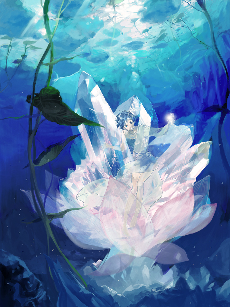 blue_hair crystal flower legs lotus lotus_pedestal niko_(silent.whitesnow) on_flower original plant short_hair solo underwater