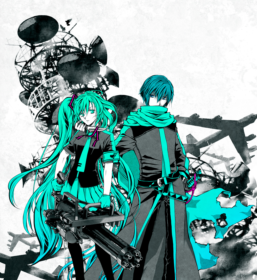 1girl aircraft airplane aqua_eyes aqua_hair aqua_scarf b-52_stratofortress belt blue_eyes blue_hair bomber gatling_gun gengendou gloves gun hatsune_miku kaito katana knife koi_wa_sensou_(vocaloid) long_hair machine_gun military military_vehicle necktie scarf short_hair skirt sword thighhighs twintails very_long_hair vocaloid weapon