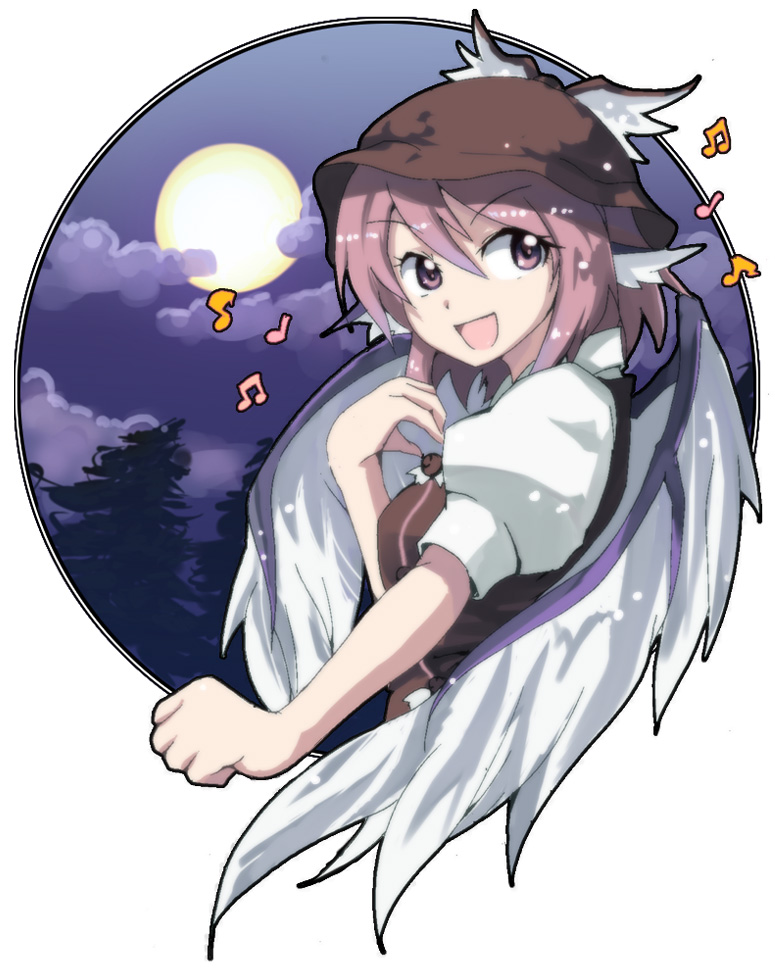 animal_ears cloud colorized full_moon h@ll happy moon music musical_note mystia_lorelei night open_mouth outside_border pink_eyes pink_hair portrait singing sky smile solo touhou wings