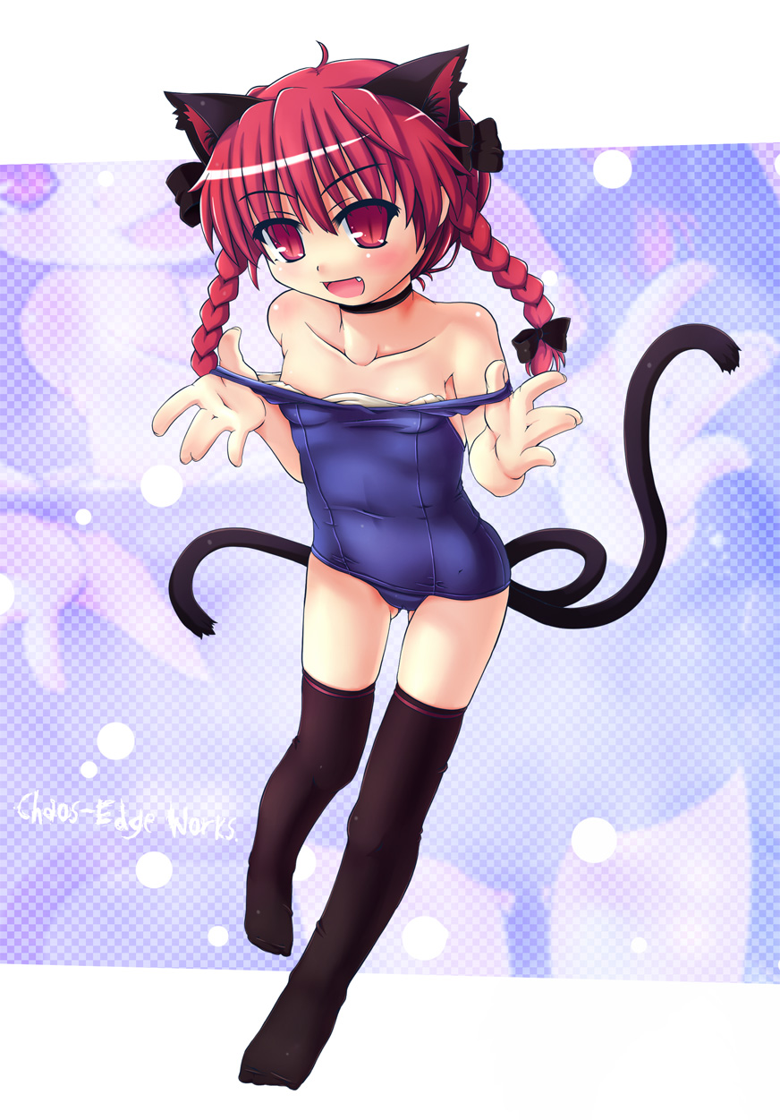 animal_ears braid cat_ears cat_tail etogami_kazuya hair_ribbon highres kaenbyou_rin multiple_tails one-piece_swimsuit red_eyes red_hair ribbon school_swimsuit short_hair solo strap_pull swimsuit tail thighhighs touhou twin_braids twintails zoom_layer