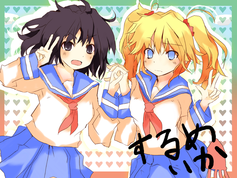 holding_hands matsushita_yuu multiple_girls school_uniform surumeika ugumori_sachi v watanabe_miki