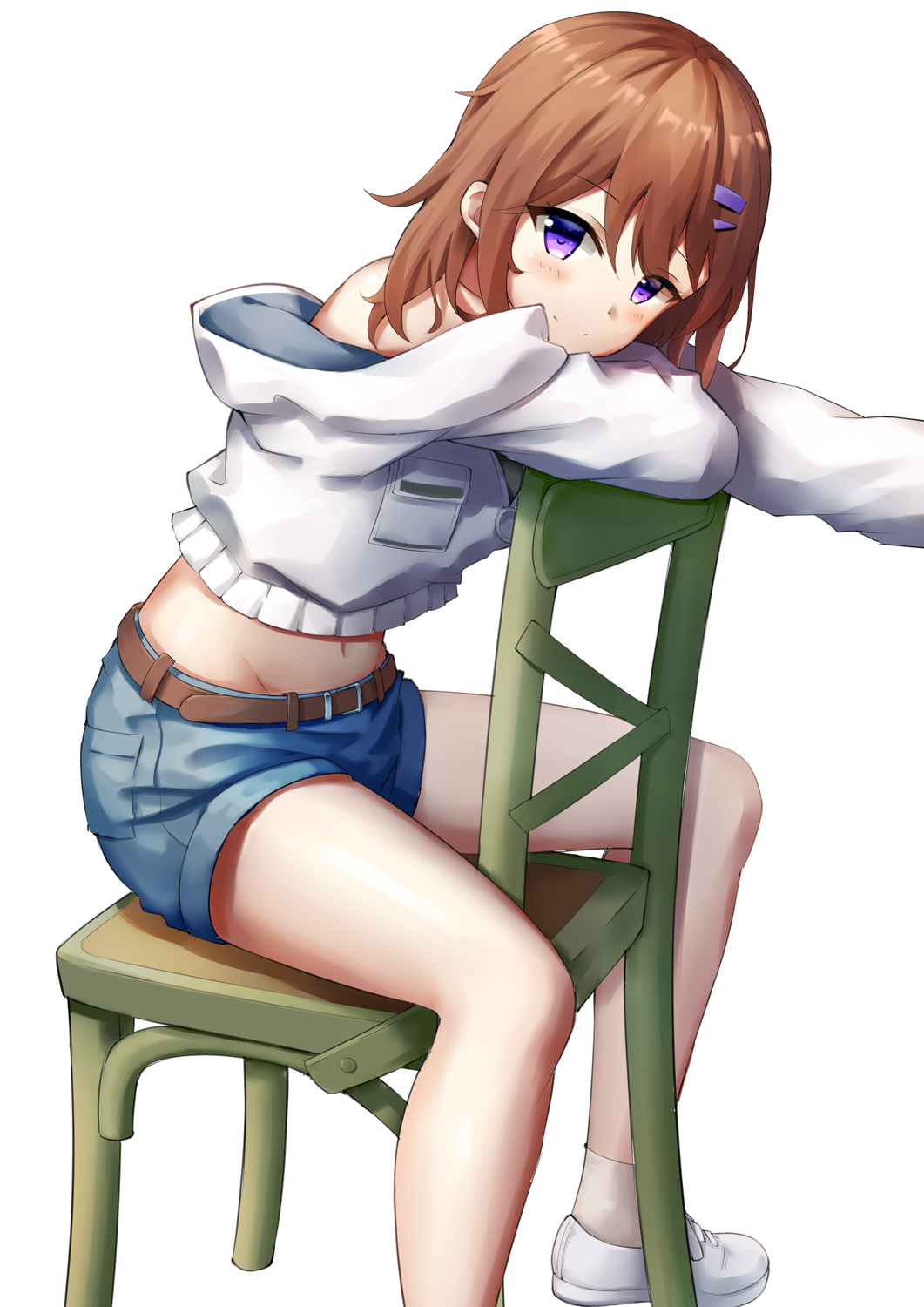 1girl bangs bare_legs bare_shoulders belt blue_shorts blush breast_pocket breasts brown_hair chair closed_mouth crop_top grey_legwear groin hair_ornament hairclip highres looking_at_viewer medium_breasts midriff navel off_shoulder original outstretched_arm pocket purple_eyes shoes short_hair short_shorts shorts sidelocks simple_background sitting smile socks solo sweater thighs white_background white_footwear yang423