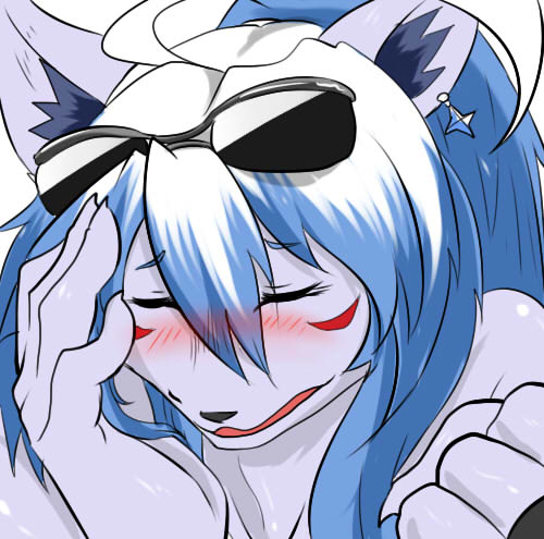 blue_hair blush canine dog eyes_closed eyewear female fur glasses hair kemono long_hair lsa2423063 mammal purple_fur solo