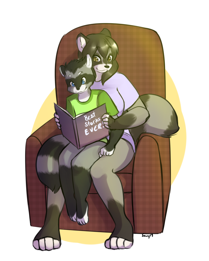 age_difference anthro bencoon_(character) blue_eyes book child clothed clothing cub duo female fur furniture hair larger_female male mammal mother parent raccoon saucy size_difference smaller_male smile son text young