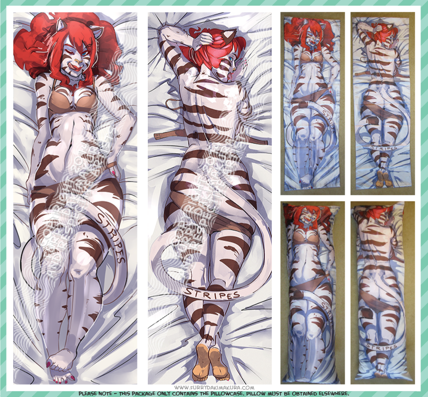 2014 advertisement annoying_watermark anthro bed_sheet breasts butt cat clothed clothing dakimakura fel_(character) feline female fur hair kenno_arkkan looking_at_viewer mammal my_life_with_fel pillow red_hair solo stripes tiger watermark