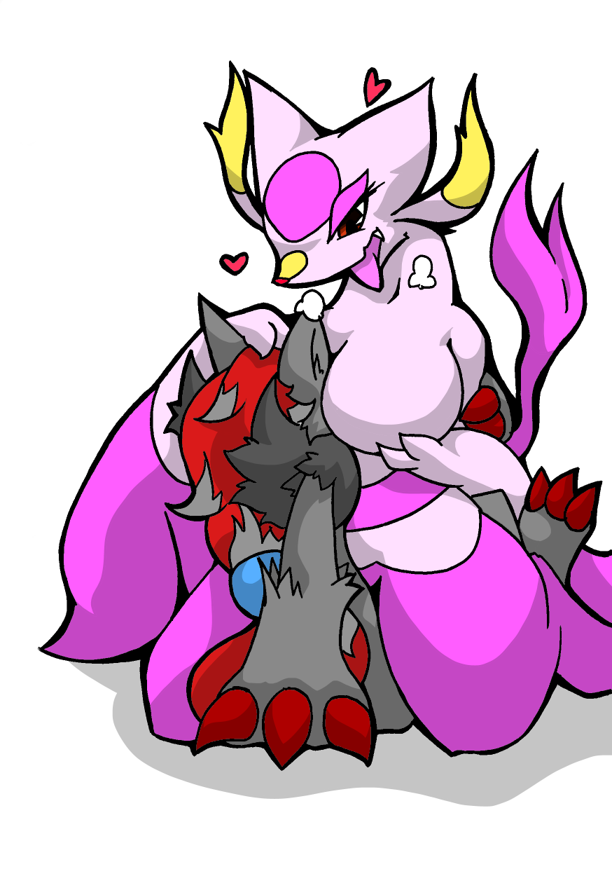 &lt;3 3_toes ambiguous_gender between_breasts big_breasts breast_smother breasts claws female kneeling mienshao nintendo open_mouth plain_background pok&eacute;mon red_eyes smothering toe_claws toes tongue tongue_out video_games white_background zoroark 青３
