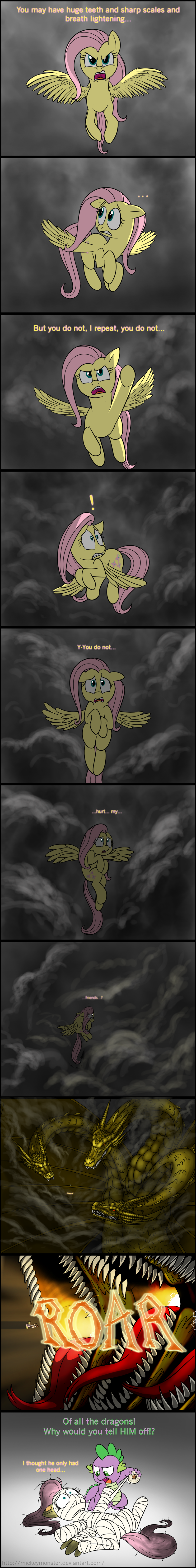 2014 comic cute dialogue dragon english_text equine female feral fluttershy_(mlp) friendship_is_magic godzilla_(series) horse king_ghidorah male mammal mickeymonster my_little_pony pegasus roaring spike_(mlp) text wings