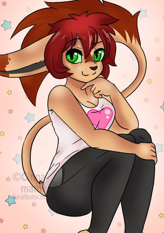 anthro cinnamama cleavage clothed clothing feline female fur green_eyes hand_on_chin koneko long_ears looking_at_viewer mammal sitting smile tail_tuft tuft watermark