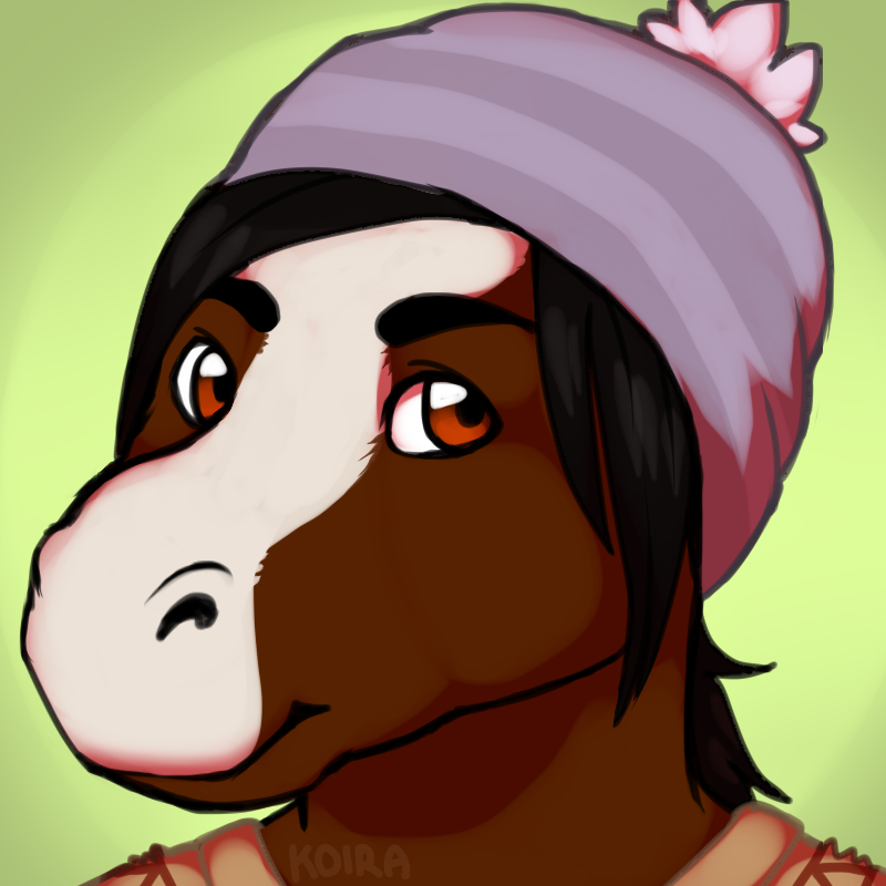 ambiguous_gender anthro beanie black_hair brown_eyes brown_fur equine fur green_background hair hat horse hozzie_hozzbourne koira mammal pink_hat plain_background smile solo white_fur