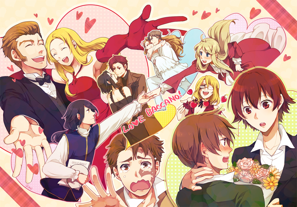 6+girls baccano! black_hair blonde_hair brown_hair carrying chane_laforet claire_stanfield couple dress ennis eyepatch firo_prochainezo formal gime heart hetero huey_laforet isaac_dian jacuzzi_splot ladd_russo long_hair lua_klein miria_harvent monica_campanella multiple_boys multiple_girls nice_holystone princess_carry red_hair scar short_hair smile suit