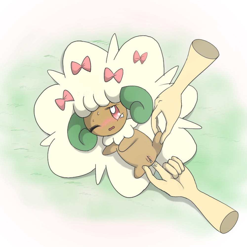 24651 blush bow disembodied_hand duo female fingering human mammal nintendo one_eye_closed open_mouth pok&eacute;mon pussy red_eyes size_difference solo_focus sweat tears video_games whimsicott