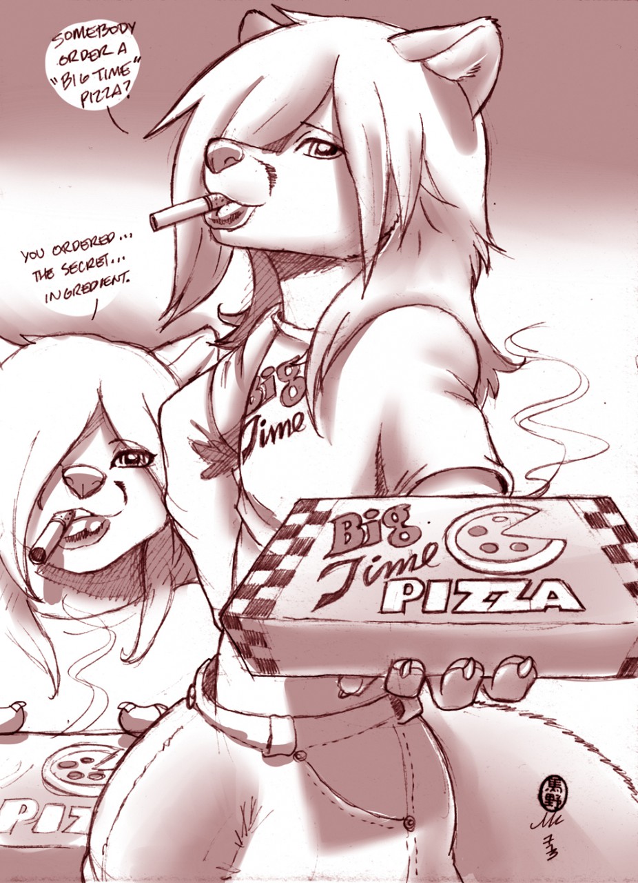 bulge canine clothed clothing cox delivery english_text food fox gideon girly gradient hyper hyper_penis lips male mammal no_color penis pizza seductive series smoking text