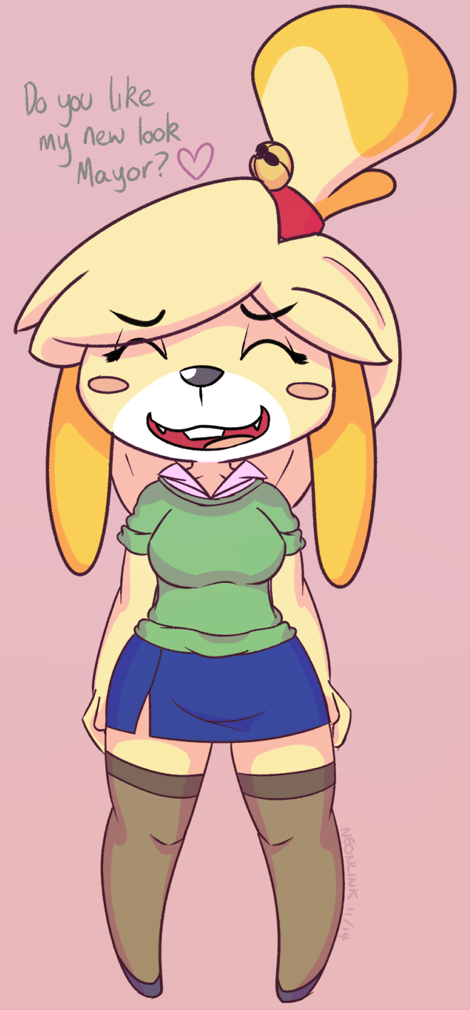 2014 animal_crossing blush breasts canine cute dialogue english_text eyes_closed female isabelle_(animal_crossing) jumper legwear mammal neonlink nintendo open_mouth secretary skirt smile solo stockings text video_games