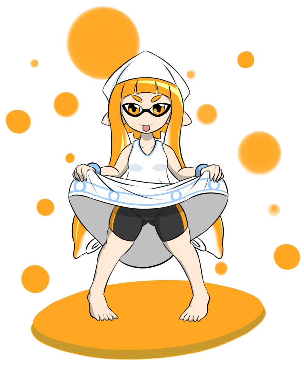 bracelet clothing cosplay dress dress_lift female hair inkling jewelry looking_at_viewer orange_eyes orange_hair shorts solo splatoon squid_girl tongue tongue_out