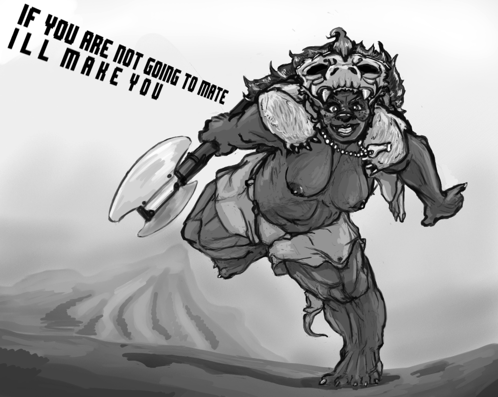 axe barbarian barefoot breasts bugbear death_by_snoo_snoo dungeons_&amp;_dragons english_text female fretka humanoid imminent_rape looking_at_viewer muscles shifter silly sketch text weapon