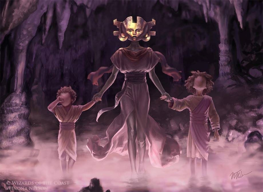 cave children crying faceless female gold group hand_holding humanoid magic_the_gathering mask mist nightmare_fuel not_furry official_art restricted_palette returned tears toga undead winona_nelson zombie