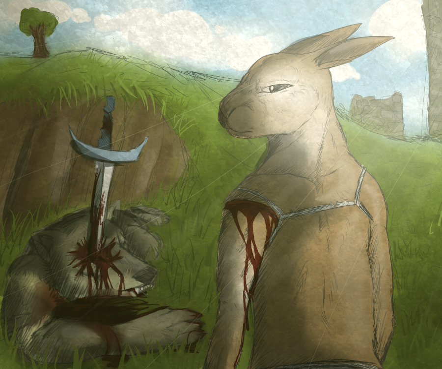 ambiguous_gender anthro blood death duo kinodro lagomorph looking_back mammal overgrowth rabbit sword weapon