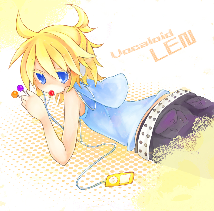 bad_id bad_pixiv_id belt blonde_hair blue_eyes candy casual digital_media_player food headphones hood hoodie ipod kagamine_len lollipop looking_back lying male_focus on_stomach shorts solo togata vocaloid