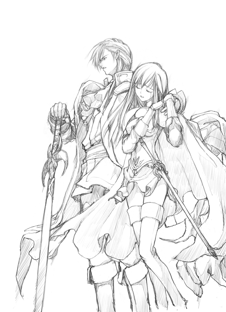 1girl boots brother_and_sister cape closed_eyes eltoshan_(fire_emblem) fire_emblem fire_emblem:_seisen_no_keifu gloves greyscale hand_on_hilt lachesis_(fire_emblem) long_hair monochrome nakabayashi_reimei profile sheath sheathed siblings sketch sword tears thighhighs weapon work_in_progress
