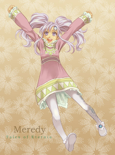 arms_up character_name copyright_name long_hair meredy miho_(mi) open_mouth pantyhose purple_eyes purple_hair smile solo tales_of_(series) tales_of_eternia twintails