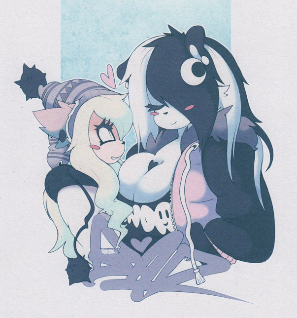 anthro beanie bear big_breasts blonde_hair breasts cleavage clothed clothing coat cute duo female graffiti hair hat hoodie huge_breasts luna_the_panda_bear mammal panda roxie_pepper slit_pupils smile smutbunny tattoo