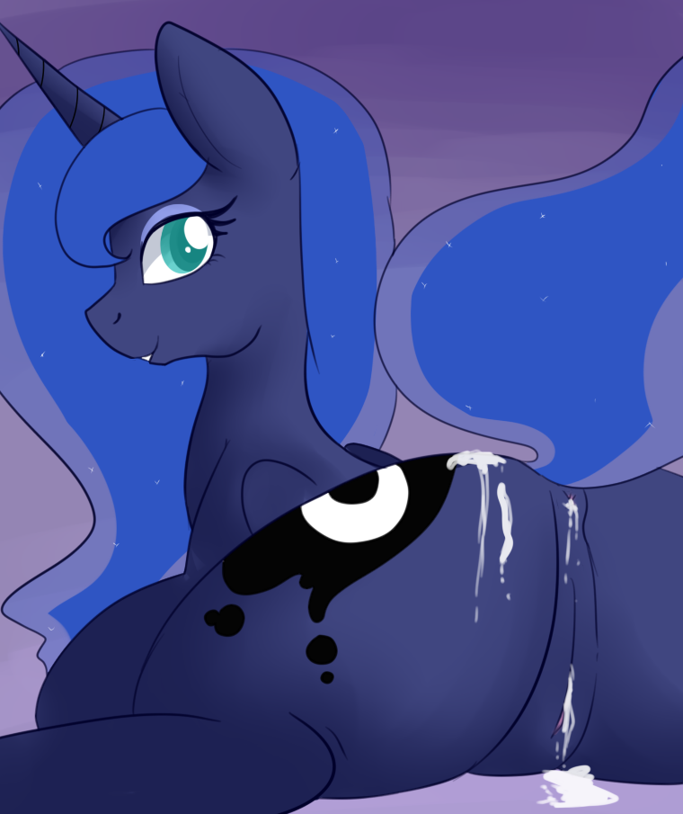 after_sex alittlepony anus bedroom_eyes blue_fur blue_hair clitoris cum cum_in_ass cum_in_pussy cum_inside cutie_mark equine feathers female friendship_is_magic fur hair hooves horn long_hair looking_at_viewer looking_back lying mammal my_little_pony presenting princess_luna_(mlp) pussy raised_tail rear_view smile solo teal_eyes winged_unicorn wings
