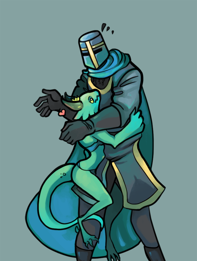 &lt;3 anthro armor cape clothed clothing colored crown duo female green_skin helmet horn hug human knight kobold male mammal plain_background princess royalty scalie size_difference skimpy towergirls unknown_artist