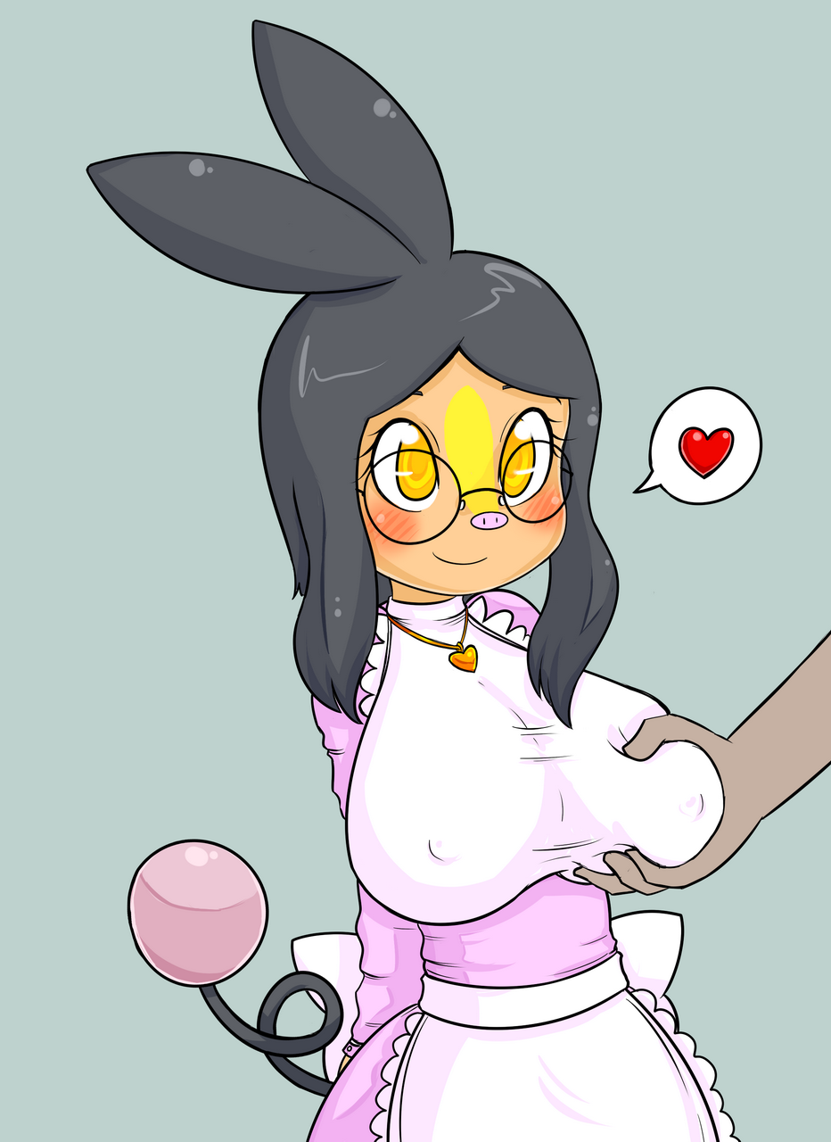 &lt;3 2014 anthro anthrofied basketgardevoir big_breasts black_hair blush breast_grab breasts caramel_(basketgardevoir) clothed clothing dark_skin disembodied_hand duo eyewear female glasses hair hi_res human interspecies maid maid_uniform mammal necklace nintendo nipples orange_eyes pendant plain_background pok&eacute;mon pok&eacute;morph pok&eacute;philia smile solo_focus standing tepig video_games wide_hips