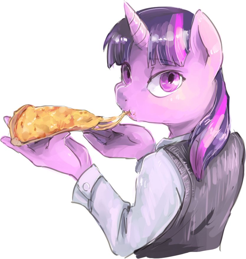 2014 anthro anthrofied audrarius cheese clothing eating equine female food food_porn friendship_is_magic hair horn looking_at_viewer mammal my_little_pony pizza plain_background purple_eyes purple_hair solo twilight_sparkle_(mlp) unicorn white_background