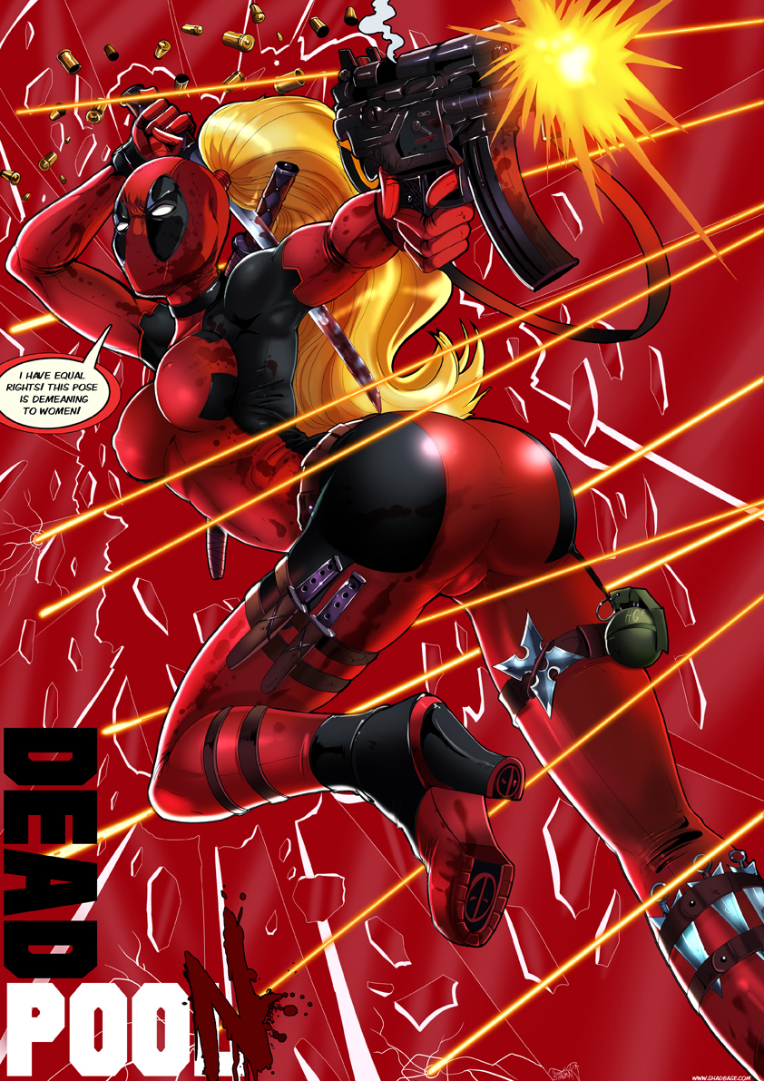 blood breasts butt deadpool dialogue female gun lady_deadpool marvel ranged_weapon text therealshadman weapon