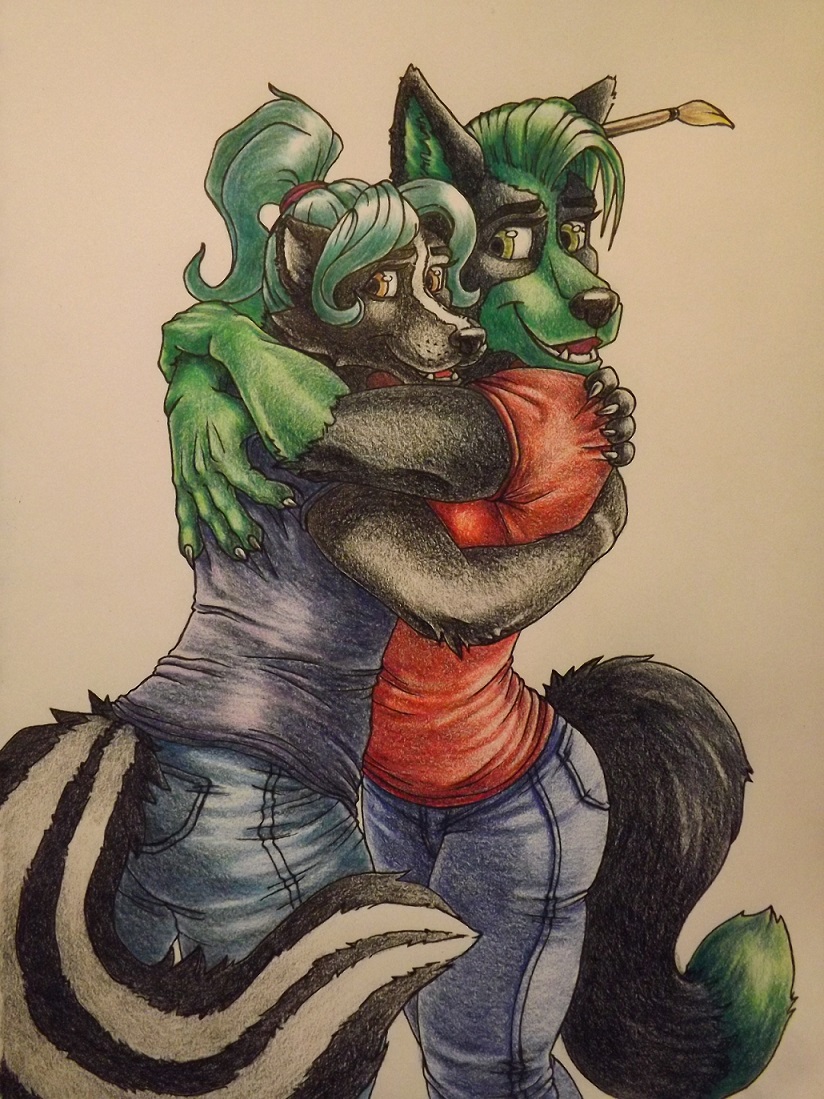 anthro canine clothing coalpaw dog embrace female friends hug mammal mohawk paintbrush ponytail prissy sinistervibe skunk smile traditional_media_(artwork)