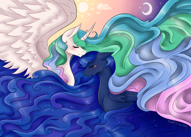 crying duo equine eyes_closed female feral friendship_is_magic horn mammal my_little_pony pastel-circus princess_celestia_(mlp) princess_luna_(mlp) tears winged_unicorn wings