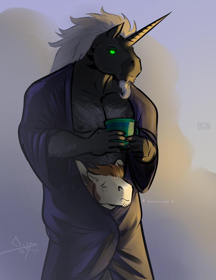 anthro beard bgn black_fur body_hair brown_hair chest_hair clothing duo equine eyes_closed facial_hair fur glowing glowing_eyes green_eyes grey_hair hair hairy horn male mammal muscles nado_(character) nipples pecs pegasus robe sprite_(character) standing unicorn white_fur wings