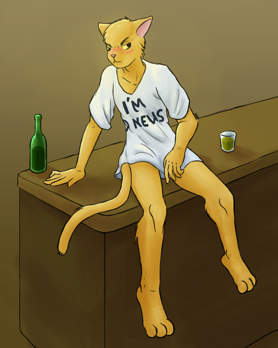 alcohol angry anthro bar barefoot bartender beverage blush bottle bottomless clothed clothing counter cup embarrassed english_text feline frown fur glass half-dressed khajiit male mammal mead pink_nose plantigrade prequel s'thengir shirt sitting solo table text the_elder_scrolls the_elder_scrolls_iv:_oblivion tododeygulash video_games yellow_eyes yellow_fur