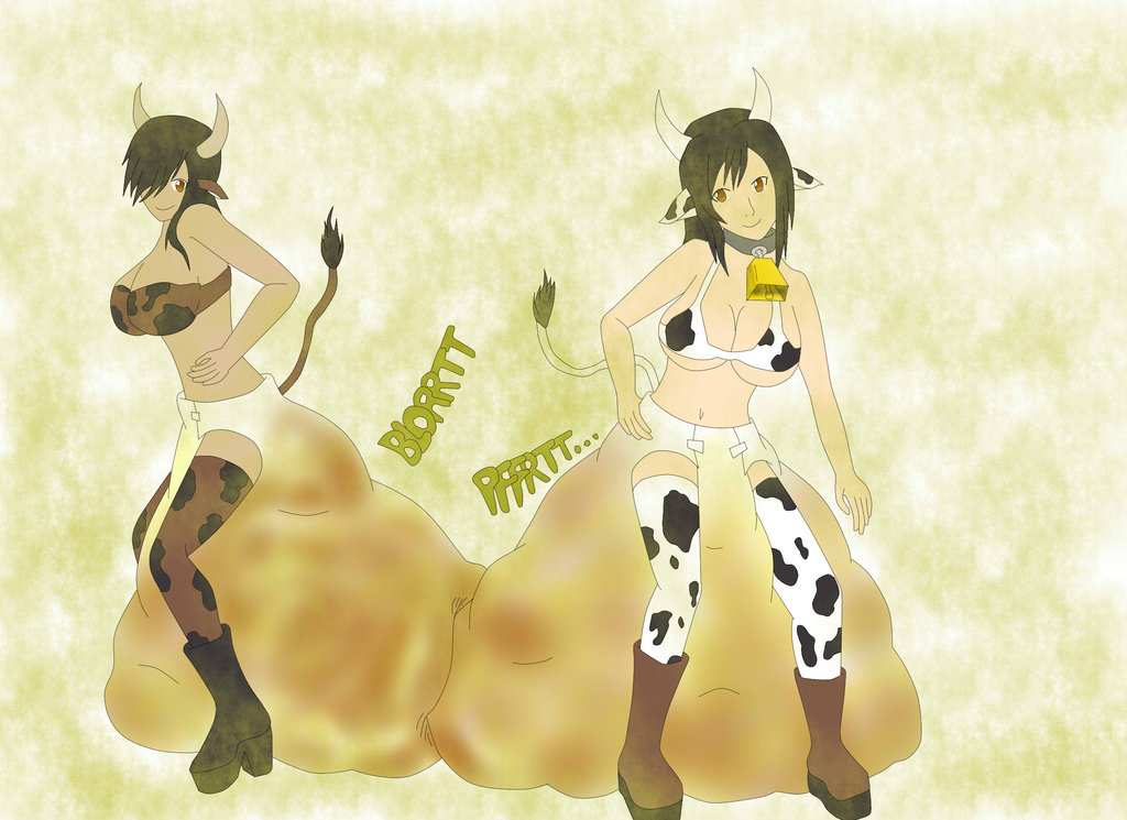 animal_ears big_breasts black_hair boots bovine bra breasts cleavage clothed clothing collar cowbell diaper duo fart feces female gassy hair hand_on_belly horn humanoid hybrid long_hair mammal messing_contest messy_diaper navel neko7chan pooping red_eyes scat skimpy smelly under_boob underwear