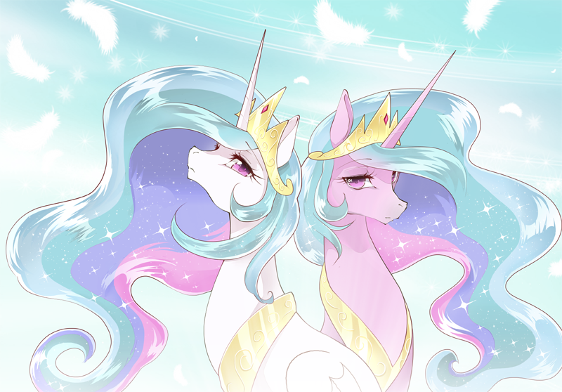 crown duo equine feathers female feral friendship_is_magic fur hair horn long_hair looking_at_viewer mammal my_little_pony pink_fur princess_celestia_(mlp) purple_eyes white_fur winged_unicorn wings yuki-zakuro