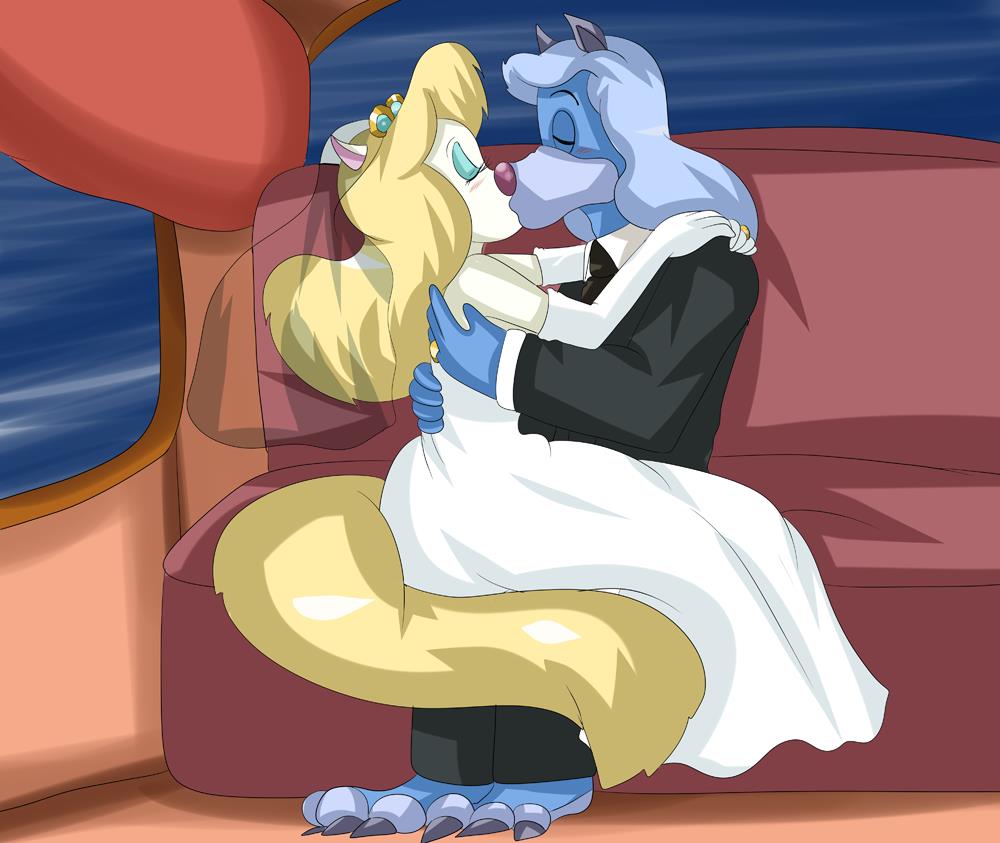 animaniacs anthro arm_length_gloves blush canine embrace eyes_closed female gloves hikariangelove_(artist) kissing male mammal minerva_mink mink mustelid straight veil wedding_gown wedding_ring wilford_wolf wolf