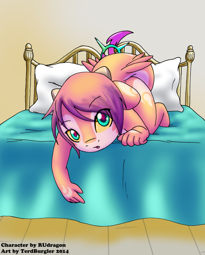 ambiguous_gender bed bed_sheet dragon horn long_tail looking_at_viewer on_bed pillow ru_(rudragon) terdburgler young