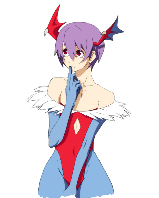 bad_id bad_pixiv_id bare_shoulders bat_wings demon_girl elbow_gloves flat_chest gloves head_wings leotard lilith_aensland pantyhose purple_hair red_eyes red_leotard rei_(pixiv_187780) short_hair solo succubus vampire_(game) wings