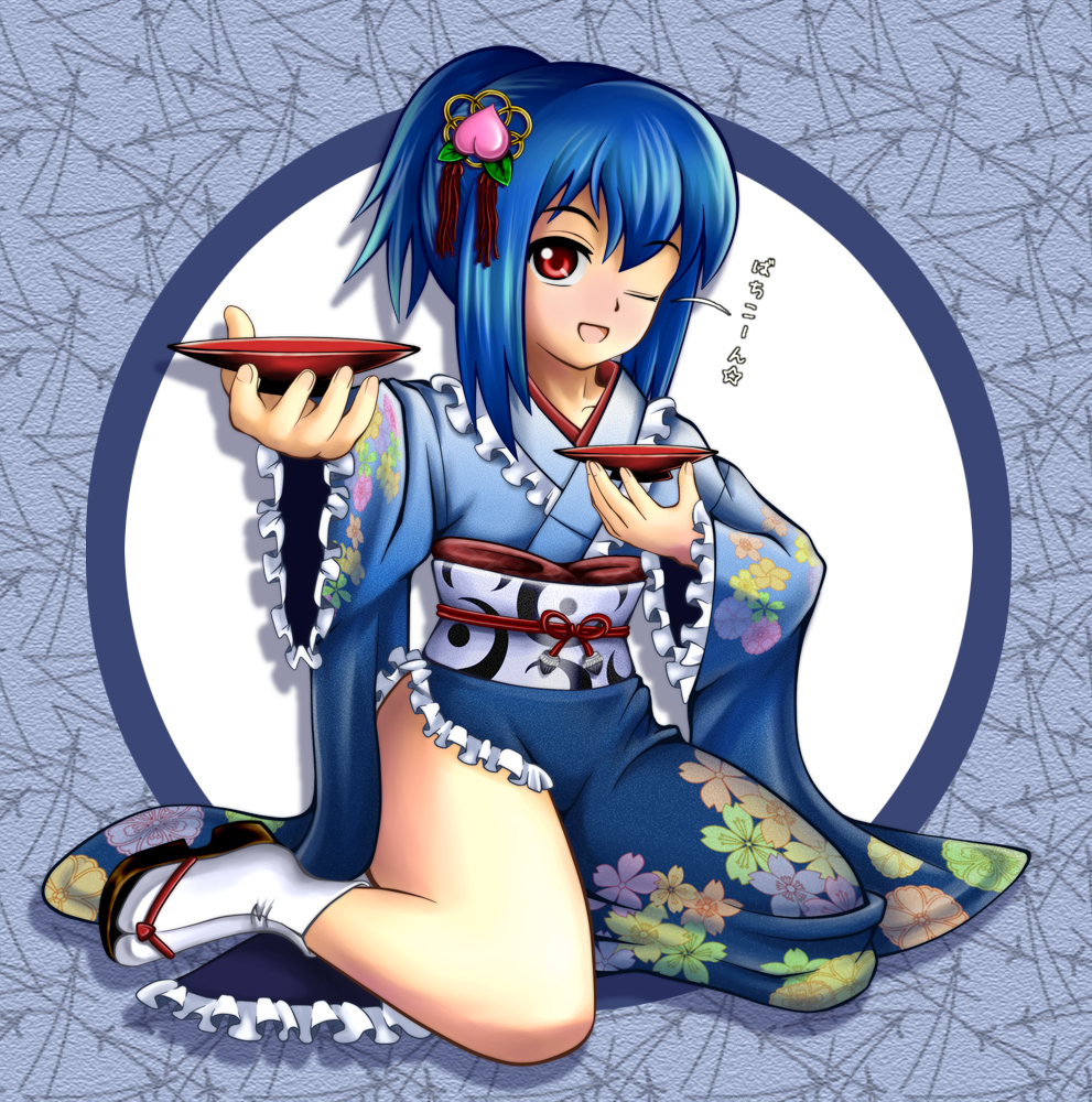 alternate_hairstyle blue_hair cup food food_themed_clothes fruit hair_ornament hairclip hinanawi_tenshi holding japanese_clothes kimono peach red_eyes sakazuki sandals short_hair solo tabi tagosaku_(angel) touhou