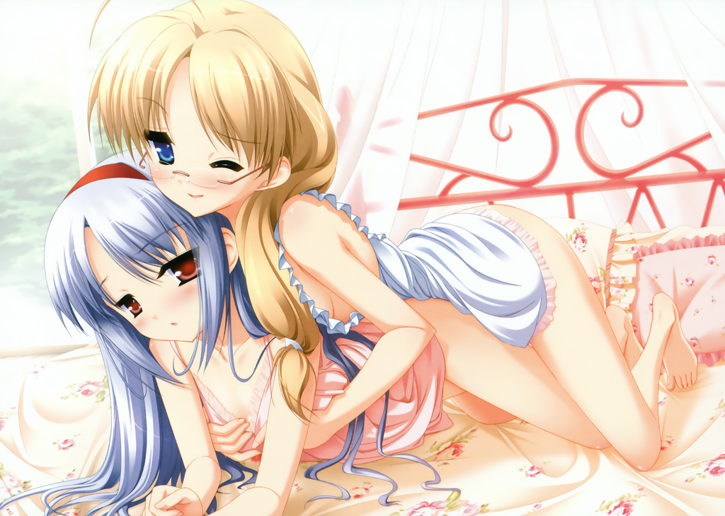 2girls age_difference bed blonde_hair blue_eyes blue_hair bottomless breasts flat_chest long_hair looking_at_viewer multiple_girls red_eyes schoolies sideboob wink yuri