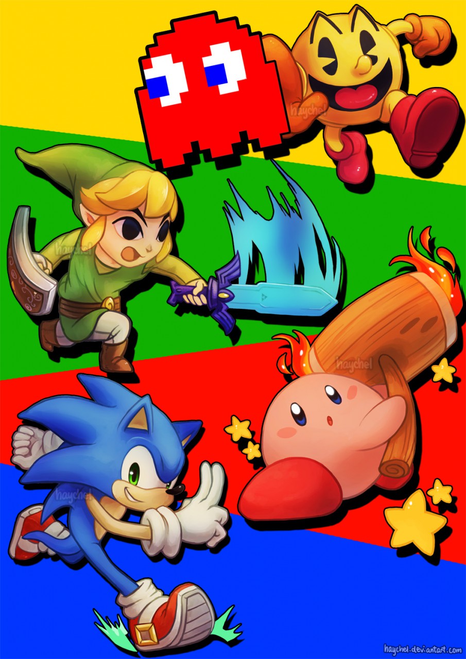 alien blinky ghost hammer haychel kirby kirby_(series) male nintendo pac-man pac-man_(series) sega shield shoes sonic_(series) sonic_the_hedgehog spirit star sword tools video_games weapon young_link